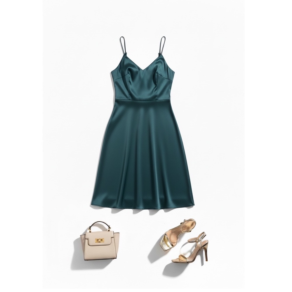 Teal Satin Slip Dress Spaghetti Strap Fit & Flare Midi Romantic Minimalist